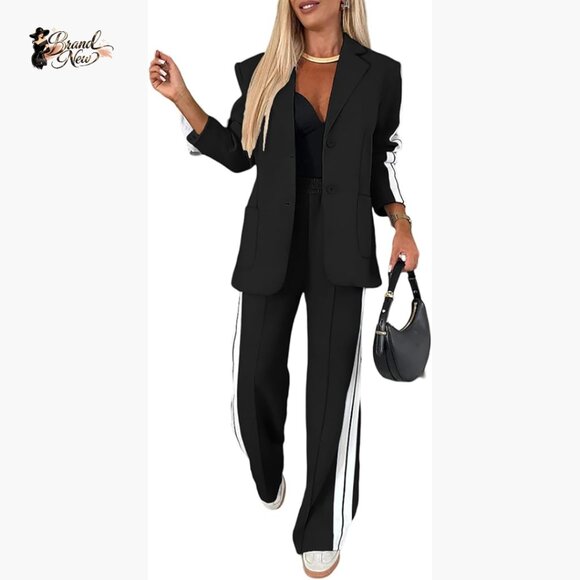Two Piece Pant Suit Set with Striped Blazer and Pants with Pockets